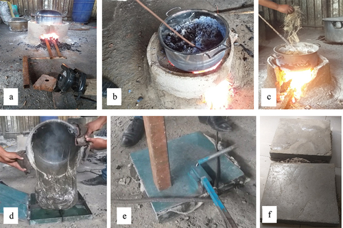 Figure 4. Natural fibers reinforced recycled PET composites manufacturing stages: (a) blowing charcoal by electric fan to melt PET; (b) stirring to uniformly melt polymers; (c) adding fibers and gypsum to melted PET; (d) adding melted composite to the mold; (e) pressing; (f) manufactured tiles.