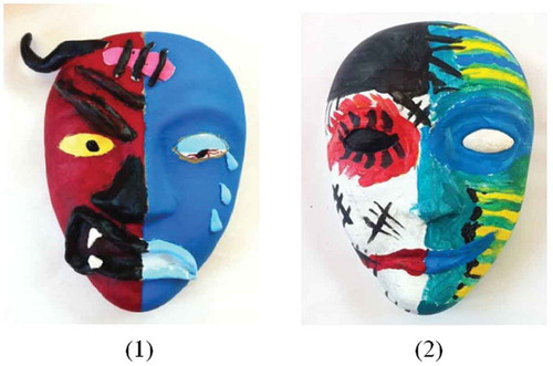 Figure 9. Mask examples representations of conflicted/divided aspects of self. (1) represents the service member’s experiences of dramatic anger and intense sadness; (2) represents the service member’s struggle to keep his angry side (left) from taking over his peaceful side (right).