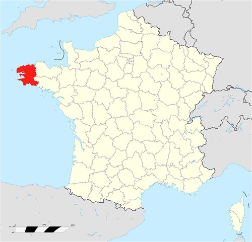 Figure 6. Department of Finistère sur. Original map: Sting, modifications by Wikialine, CC BY-SA 3.0 <https://creativecommons.org/licenses/by-sa/3.0>, via Wikimedia Commons. https://commons.wikimedia.org/wiki/File:Finist%C3%A8re_departement_locator_map.svg.