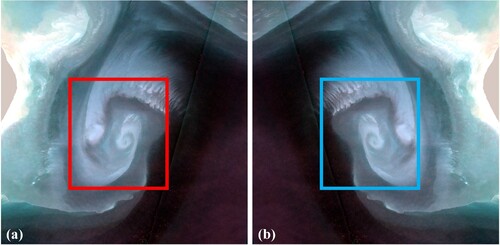 Figure 4. MEHFT on submesoscale eddy images. Where (a) is the image before processing and (b) is the image after processing.