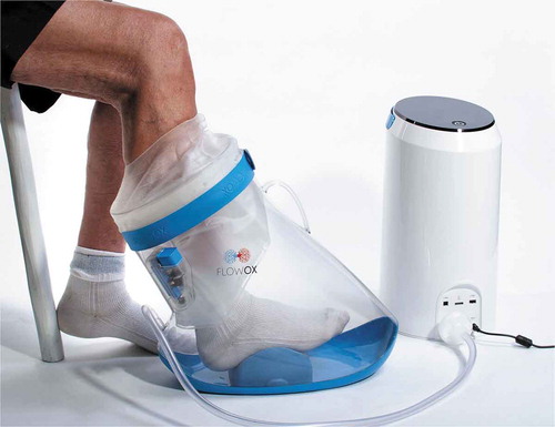 Figure 1. The FlowOx device for lower extremity intermittent negative pressure treatment. Intermittent negative pressure is generated in a pressure chamber sealed around the patient’s lower leg by a pump unit that is removing air from and venting the pressure chamber. Source: Otivio AS/Bastian Fjeld