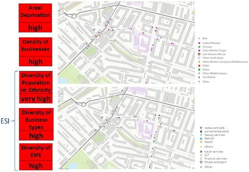 Figure 4. South Glasgow – Govanhill (above: density of EME; below: diversity of business types).