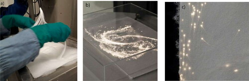 Figure 36. Example of combining foam-formed material with visual elements: (a) Foam molding with included optical and wood pulp fibers. The high viscosity of wet foam helps in forming the structure. (b, c) Obtained panel after drying (photograph: Eeva Suorlahti).