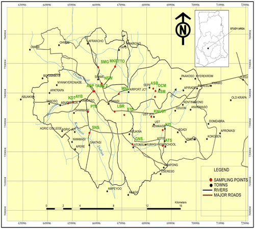 Figure 1. Map of Kumasi displaying the sampling areas.
