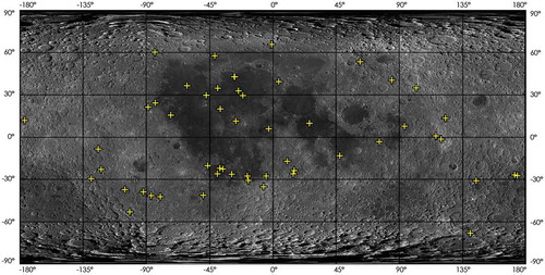 Figure 9. Location of the lunar impact craters selected to be part of the analysis for detecting inner slumps.
