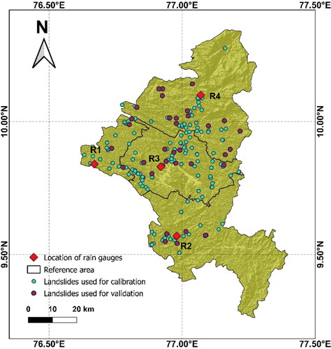 Figure 2. Location of rain gauges, landslides and reference areas considered for the analysis.