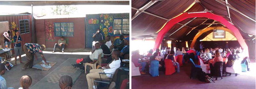 Figure 2. Meeting and presentation at a community centre (left) and Church (right) in Kya Sands settlement.Source: Author’s Photographs, September 2014/2015.
