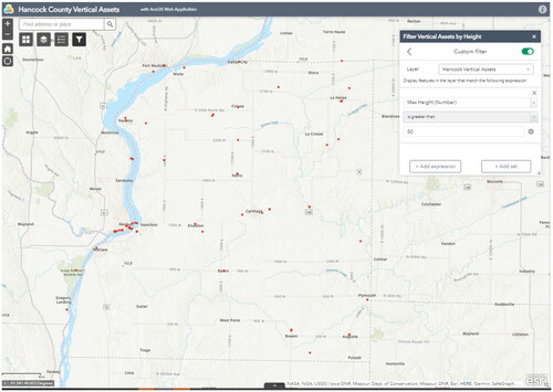 Figure 16. Screenshot from a web map for Hancock County with vertical assets (red dots) filtered to show only vertical assets 50 feet or taller (available at https://isu-geomap.maps.arcgis.com/apps/webappviewer/index.html?id=c5fbe05e5af34005a7ed0b0b6cdae979).