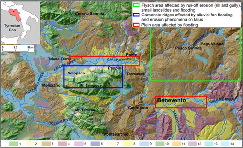 Figure 1. Area affected by geomorphic consequences due to the flash flood. Keys: 1) Limestones; 2) Clayey Flysch 3) Marly sandy Flysch; 4) Sandstones; 5) Flintstones; 6) Conglomerates; 7) Ancient Breccias; 8) Sandy Conglomerates; 9) Alluvial fans; 10) Tuff; 11) Travertines 12) Pyroclastic soils; 13) Detrital deposits; 14) Alluvial deposits.