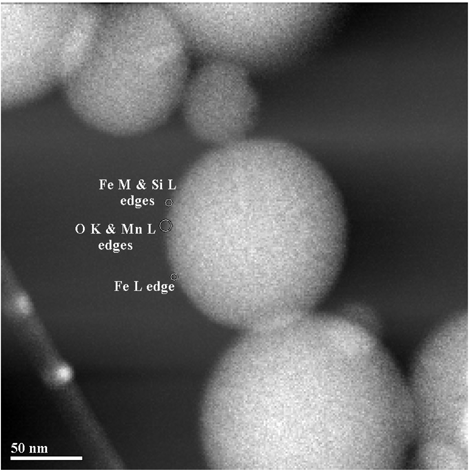 FIG. 8 STEM annular dark field image of welding particle used in EELS analysis. Analysis was carried out in the regions shown using a 0.2 nm diameter electron beam and with acquisition times between of 3 and 6 s.