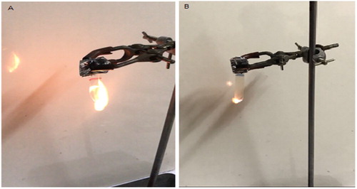 Figure 7. Photographs of (A) the PVA and (B) PVA/SB1 nanocomposite after 10 s from initial burning of the flammability test.