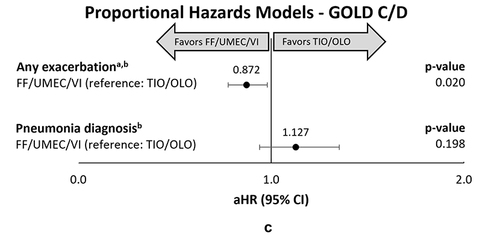 Figure 1 (a) Follow-up exacerbation and pneumonia diagnosis in the GOLD A/B subgroup. (b): Follow-up exacerbation and pneumonia diagnosis in the No Exacerbation subgroup. (c): Follow-up exacerbation and pneumonia diagnosis in the GOLD C/D subgroup.