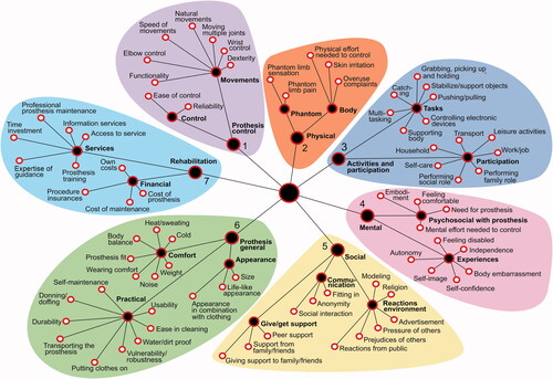 Figure 1. Seventy-nine items may be important when using a prosthesis depicted in a HealthFan diagram. The white-filled circles represent the items; the black-filled circles represent the seven themes and all subthemes. Themes and subthemes are presented in bold font, themes are marked with numbers 1–7. Each leaf of the diagram represents a theme and was depicted in another color.