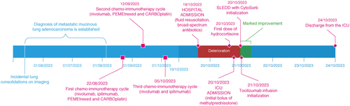 Figure 3. Graphic timeline representation of main events before treatment of CRS in our hospital and a more detailed representation of the treatment of CRS. The left half represents events before admission to our hospital, and the right half represents the timeline in our hospital. Note the change in the time axis.CRS: Cytokine release syndrome.