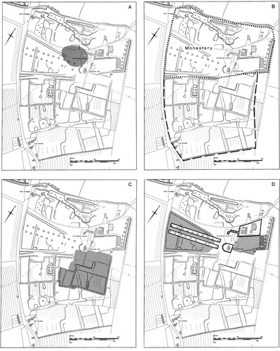 Figure 2. Stainfield Priory, Lincolnshire. Chris visited supportively in the late 1970s when the site was surveyed through a Job Creation scheme. While insisting that there had to be separate monument accounts in the published text, he sanctioned attempting to portray a changing landscape graphically. The result was this simple monochrome interpretation sequence attempted, innovatively for RCHM, to unpick complex earthworks (Everson et al. Citation1991, Fig. 24): (A) presumed location of pre-twelfth century village; (B) site of twelfth century monastery and relocated village; (C) area of early seventeenth century gardens; (D) area of early eighteenth-century gardens and park. (RCHME / Historic England).