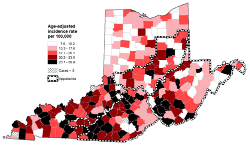Figure 2. Incidence of HPV-related cancers by county among males from Ohio, West Virginia and Kentucky (1996–2008; all races). HPV-related cancers include penile, anal and oral cavity/pharyngeal cancers. All rates are age-adjusted to the 2000 U.S. standard population.