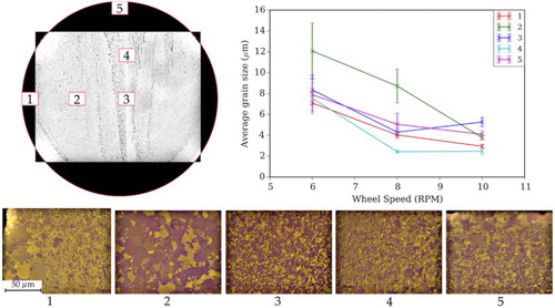 2 Top left: macrograph overlaid onto a representation of the 5 mm diameter wire cross-section. 1–5: cross polarised light micrographs of the five regions of interest demonstrating the range of grain sizes within different areas of the extruded wire. All micrographs are taken at the same magnification