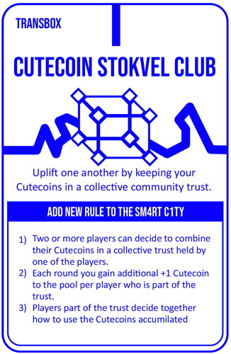 Figure 6. The CuteCoin Stokvel Transbox card changes how CuteCoins are distributed and used. Instead of reinforcing unequal social mobility, it promotes community cohesion and well-being.