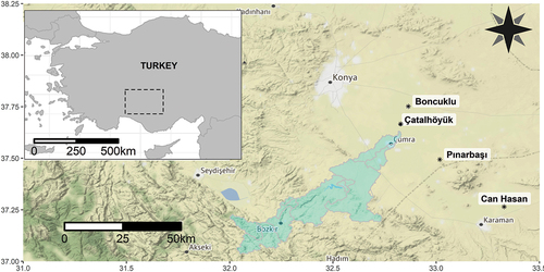 Figure 1. Location map. The outlined area in pale blue is the best estimate of the River Çarşamba catchment area producing flow to the area of the site in the Neolithic (see Wainwright and Ayala Citation2021] for details).