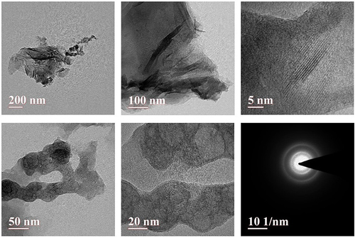 Figure 3 TEM analysis of the synthesized GO/PEG/Bru-FA NCs. The TEM images revealed that the developed GO/PEG/Bru-FA NCs were found in uneven shapes with an average size of 45 nm. The crystallization of the GO/PEG/Bru-FA NCs was further validated by the SAED patterns.