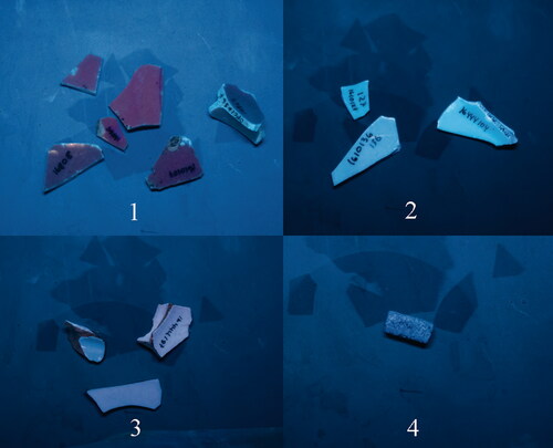 FIG. 3 UV. 1. Asian Hard-paste clockwise from top center 16862, 16867, 161010, 16865, 16808, 1610129; 2. Bone china clockwise from top right 16444104, 1610136, 1610127; 3. Worcester soft and hard-paste, clockwise from top right 16444187 sp, 16444189 sp, 16444193, hp. 4. European Hard-paste 1610261.