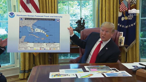 Figure 3. President Trump’s famous “Sharpie-gate” map where it appears that he used a black Sharpie marker to extend the cone of uncertainty to include Alabama to avoid contradicting his earlier tweet, which included the state in the potential danger zone (Stewart Citation2019).