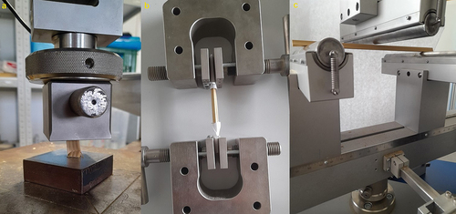 Figure 2. Sample testing figures: compressive strength (a), tensile strength (b), bending strength (c).