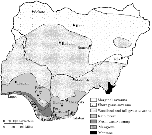 Figure 1  The study sites on a vegetation map of Nigeria.