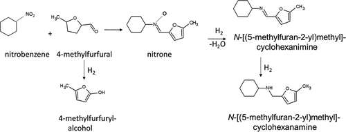 Figure 12. Reductive amination of 4-methylfurfural with nitrocyclohexane over Au/TiO2 adapted from Ref. [Citation94] Copyright permission from Elsevier Ltd.