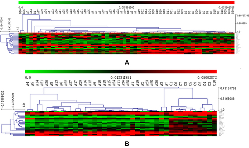 Figure 3 Cluster analysis heatmap. The hierarchical clustering methods applied were the Between-groups linkage and Squared Euclidean distance. (A) Cluster analysis of 24 significantly changed cytokines between pre- and post-radiotherapy; The distribution of cytokines from top to bottom on the right side of the heatmap is MIP-3α, IL-3, FGF7, SCF, MCP4, BLC, GRO, OPG, IGFBP4, HGF, Fit-3LG, MIG, NAP-2, IL-6, IFN-γ, I-309, CX3CL1, OSM, MDC, IL-5, VEGF-A, IGFBP3, LIF, THPO; (B) Cluster analysis of 21 significantly changed cytokines between pre-radiotherapy and healthy controls. The distribution of cytokines from top to bottom on the right side of the heatmap is PDGF-BB, BDNF, TGF-β3, IGFBP3, LIGHT, IGFBP1, TGF-β2, CKβ8-1, CCL24, CCL26, MDC, THPO, VEGF-A, FGF4, MCP-2, Fit-3LG, MIP-1δ, MIF, IL-3, and LEPTIN. In the heatmap, the higher the expression level of cytokines, the redder the color of corresponding regions, the higher the correlation of cytokines, and the more concentrated the arrangement.
