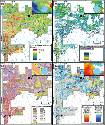 Figure 9. Main regional-scale outputs of the GIS-based calculations. (a) Unconsolidated sediment thickness (UST); (b) fine-grained glaciolacustrine unit thickness (FGGUT); (c) stratigraphic sequence map; (d) calculated aquifer thicknesses. The black rectangle corresponds to the area covered in Figure 10 which provides local-scale data for a sector located west of the city of Amos.