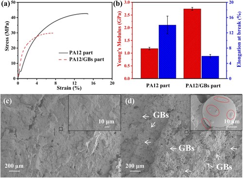 Figure 5. (a) Stress-strain curves and (b) Young’s modulus and elongation at break of the PA12 and PA12/GBs part. SEM images of the fracture surfaces of the (c) PA12 and (d) PA12/GBs part. The inset figures are magnified images of selected areas.