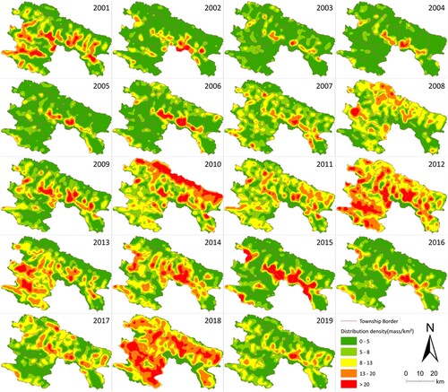 Figure 7. Spatial distribution of kernel density of fallow lands in Yuanyang (2001–2019).