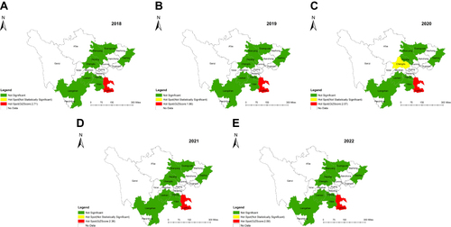 Figure 3 Hot-spots of HIV-1 recent cases at city level by year among MSM between 2018 and 2022. (A) Sichuan province, 2018. (B) Sichuan province, 2019. (C) Sichuan province, 2020. (D) Sichuan province, 2021. (E) Sichuan province, 2022.