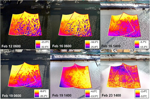 Figure 11. Drone thermal imagery displayed for the Ku-band (yellow) and C-band (red) footprints.