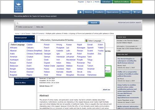 Figure 1. An example of the Google Translate widget expanded on a Taylor & Francis Online abstract page.