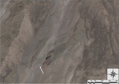 Figure 7. PLEIADES satellite imagery of a lateral moraine of one of the unnamed ice flows along the flank of Mount Ararat/Ağri Daği. The inner flanks of the moraine are cut by a glacial stream (white arrow).
