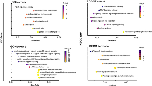 Figure 3 Gene-expression changes between diagnosis and CR detected by RNA sequencing. This shows the five most significantly changed expression pathways, as well as GO terms. Some pathways we focused, increase or decrease were indicated as diagnosis of CR.