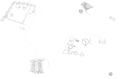 Figure 1. Drawing made after the interview with Gurba M. L. which shows the different spaces of her Jaïma, and some minor histories she shared about it. Drawing by the author.