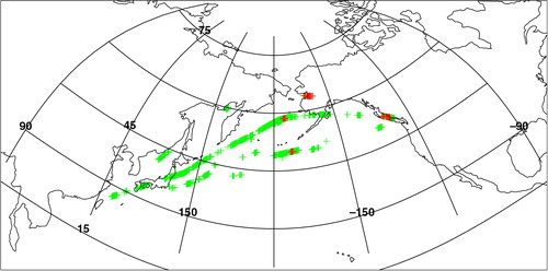 Fig. 4 Location of CO mixing ratios >200 ppbv shown by green crosses and CO >400 ppbv shown by red crosses.