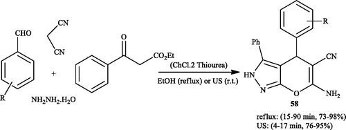 Scheme 91. Synthesis of 6-amino-4-aryl-2,4-dihydro-3-phenyl pyrano [2,3-c]pyrazole-5-carbonitrile derivatives using choline chloride based thiourea.