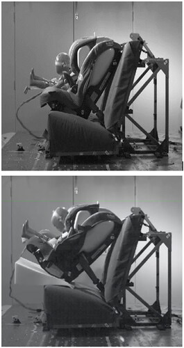 Figure 1. High speed video still shots 74 ms after onset of impact from tests of the unmodified restraint (top) and restraint with soft foam wedge underneath (bottom) to increase seat recline. Note the increased recline along with longer seatbelt required for installation in the latter, result in substantially larger forward motion of the restraint and ATD.