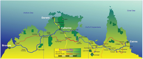 Figure 1. The Savannah Way reaches across three states in northern Australia. The Savannah Way Art Trail is part of the Queensland (eastern) section from Georgetown to Doomadgee. Image by summerdrought - own work, CC BY-SA 4.0, retrieved from https://commons.wikimedia.org/wiki/File:Savannah_Way_0216.svg.