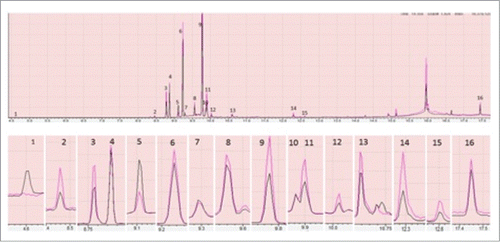 Figure 2. Showing comparison of peaks produced by total lipid extracted from control (black) and heat stressed plant (red) through GC-MS. Only the peaks having >90% similarity with the GC-MS NIST/EPA/NIH Mass Spectral Library, Data version: NIST 11, Software version 2.0 were shown here. In the above figure each part is with different magnification to clearly show the differences. The peaks 1 to 16 are phenol, α- Cubebene, Copaene, β-Elemene, α-Gurjunene, Caryophyllene, α-Guaiene, Humulene, Germacrene D, α-Selinene, gamma-Elemene, Cadina-1(10),4-diene, Germacrene-D-4-ol, Phytol acetate, Phytol and Octacosane. The differences in peaks were inferred with triplicate of technical replications.