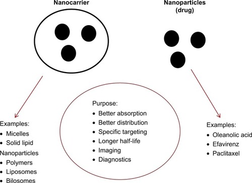 Figure 1 The two main common current strategies of generation of commercially available nanomedicines: nanocarrier for drug molecules and stabilized solid-drug nanoparticles.