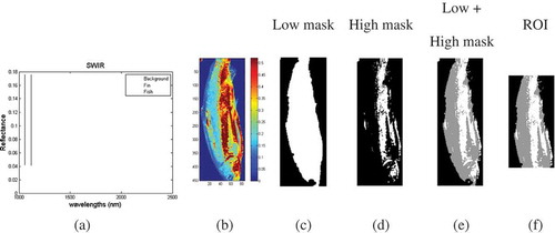 FIGURE 3 Low and high masks of a fish sample. (a) Reflected spectra from fin and fish, (b) images in bands 1100 nm, was used to obtain high mask threshold, (c) image after applying the low mask, (d) image after applying the high mask, (e) image after applying the low and high masks, and (f) final region of interest.