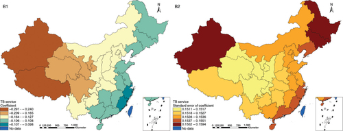 Fig. 4 Spatial heterogeneity for coefficients of TB service impacting on TB prevalence (B1: coefficient; B2: standard error of coefficient).