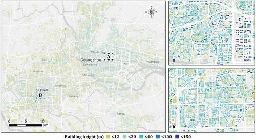 Figure 2. Building footprints data with the height attribute. Panels A and B are the zoom-in views of building footprints in two representative places.