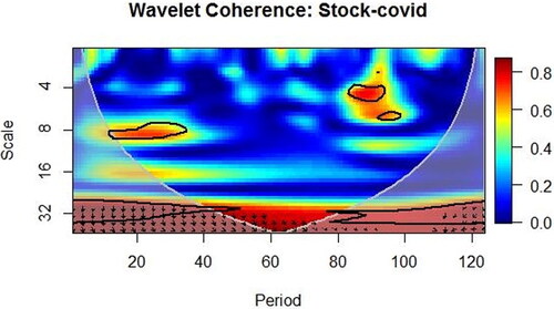 Figure 1. Wavelet coherence between stock return and COVID-19 cases.Source: Authors calculation.