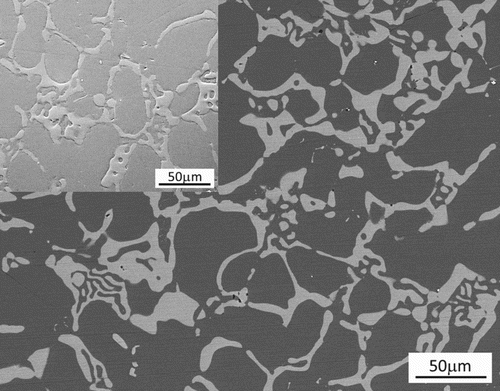 Figure 2. Back-scattered scanning electron (BSE) image of the dual-phase ErZn2/ErZn composite. Inset shows the corresponding secondary electron (SE) image of the dual-phase ErZn2/ErZn composite.